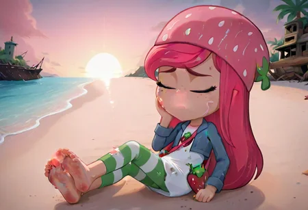 1girl, solo,Strawberry_Shortcake, peach skin, freckles, long hair, pink hair, strawberry-shaped beanie, white dress, pink straps, denim jacket, striped leggings, strawberry-shaped satchel, in the style of cksc, barefoot, feet, (by nekoda (maoda):0.7), detailed feet, Dirty clothing, dirty body, sad face, beach, tropical island, tropical background, shipwreck, closed eyes, chaos. Dead, death