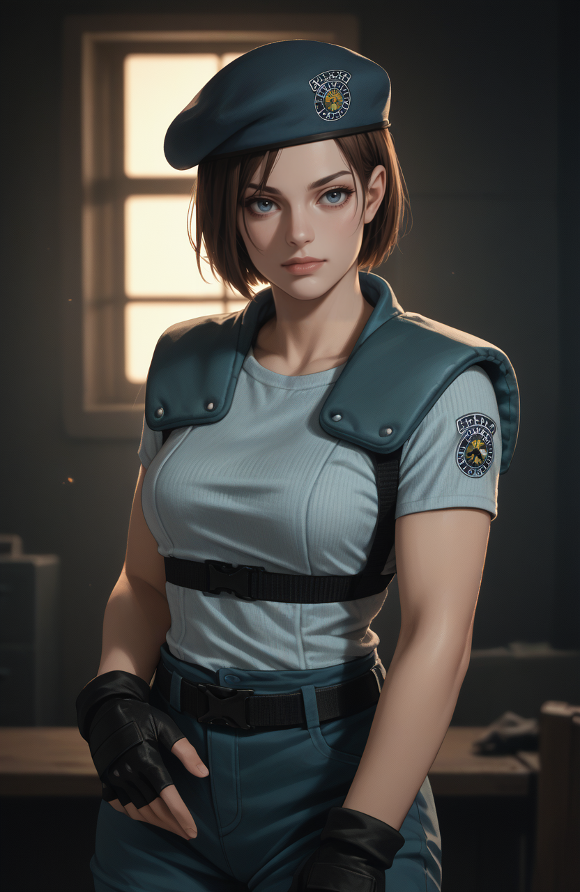 score_9, score_8_up, score_7_up, score_6_up, score_5_up, score_4_up, photoshop \(medium\), <lora:REJill_t1-000022-128:1.0> RE1Jill, blue eyes, brown bob cut, beret, breasts, fingerless gloves
, dark environment, mansion, indoors, moody lighting