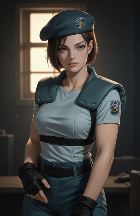 score_9, score_8_up, score_7_up, score_6_up, score_5_up, score_4_up, photoshop \(medium\), <lora:REJill_t1-000022-128:1.0> RE1Jill, blue eyes, brown bob cut, beret, breasts, fingerless gloves
, dark environment, mansion, indoors, moody lighting