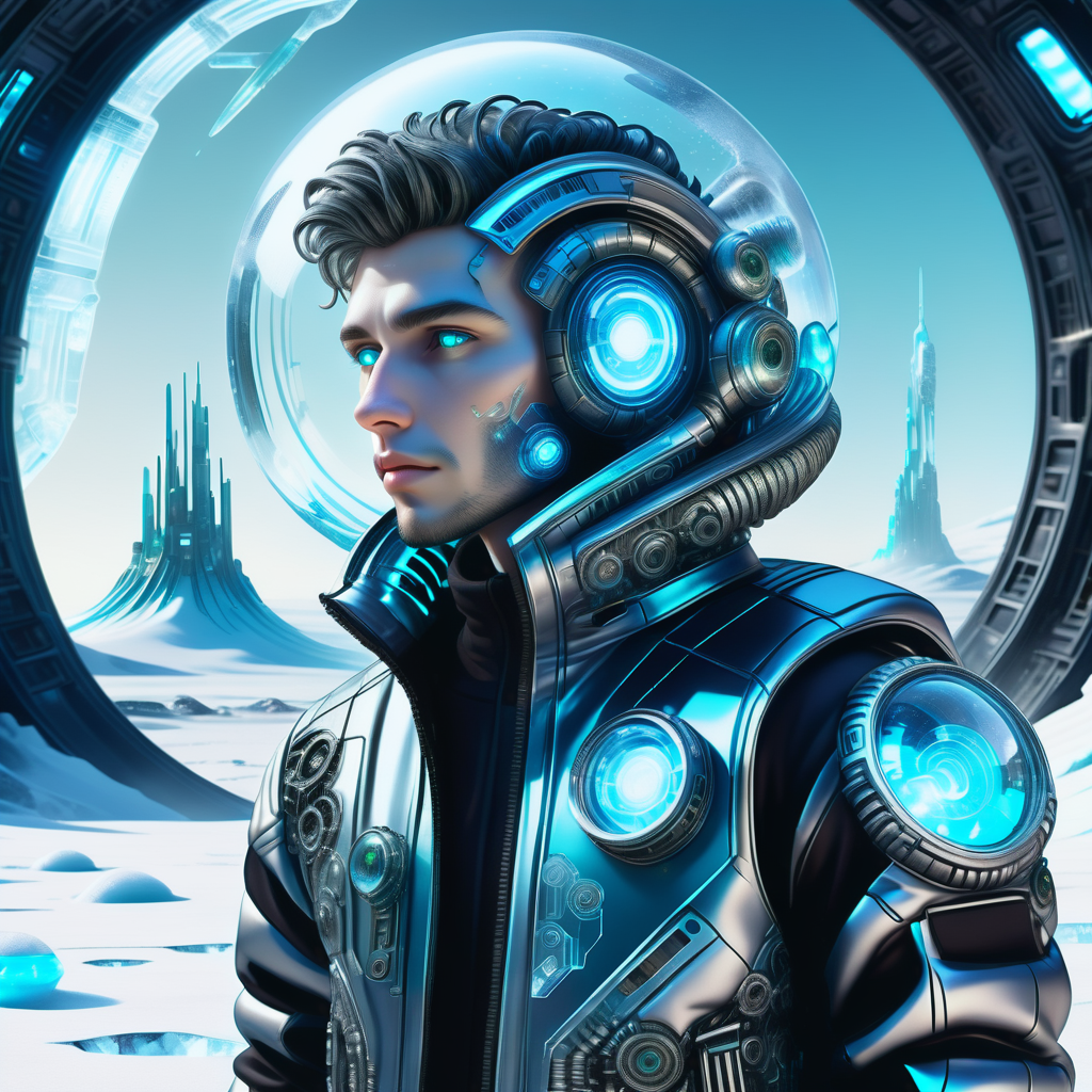 hyper detailed masterpiece, dynamic realistic digital art, awesome quality,DonMFr0stP4nkXL male nanotechnologist, extraterrestrial creatures- diverse life forms with imaginative appearances, ranging from elegant to monstrous, teenager ripped, inuit, deep blue eyes, asymmetrical ears, upturned nose,  round jaw,  angular forehead, round face shape,   , salt and pepper textured crop hair, hope, looking out with wonder and curiosity at vast cosmic landscapes.,  wearing alien atmosphere pattern    olive spore print microchip joggers,  robotic work jacket,   , showing off futuristic clothing or wearable technology., synthwave colors, space station interiors, artificial gravity chambers and magnetic walkways, ai-controlled biotechnology lab, magnetic shielding architecture, led outdoor lights, black lights,snow, ice  <lora:DonMFr0stP4nkXL-000006:1>