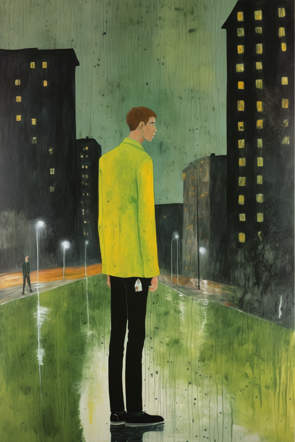 <lora:Peter Doig Style:1>Peter Doig Style - painting in the style of peter doig of a young man in the city homesick with the smell of petrichor