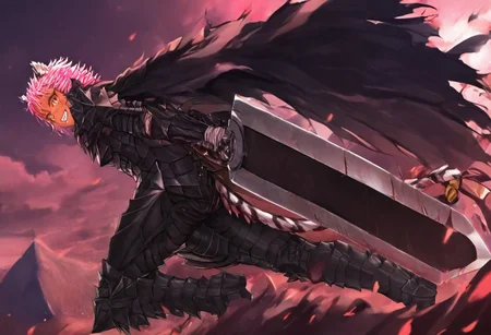 masterpiece, very aesthetic, anime screenshot, 1girl, Pink_PonyXL, DragonSlayerSword-Il.V1.0, black armor, shoulder armor, gauntlets, greaves, bandaged arm, black cape, torn cape, bright pink hair, cat ears, scar on nose, cat bell around neck, tanned, white tiger tail, small breasts, femine body, smiling, making a cute cat face, single fanged tooth showing, standing, looking at viewer, side view, wielding-dragonslayer, huge weapon, sword, holding sword, holding weapon, full body, zoomed in on pink_ponyxl, Dutch angle, cowboy shot
Break
City of hyrule on fire, at night