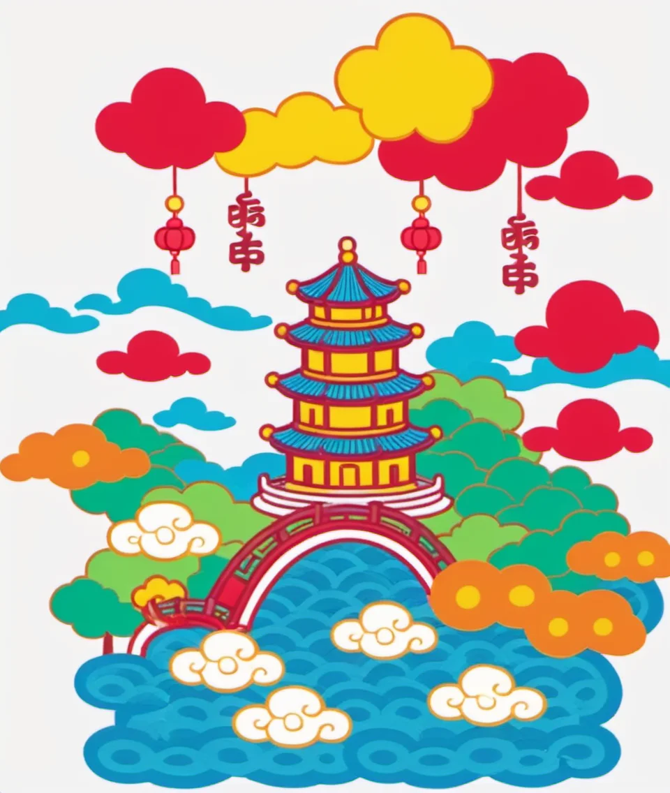 china chic emoticon, Auspicious clouds, pavilion in the middle of the lake, <lora:cic:0.7>