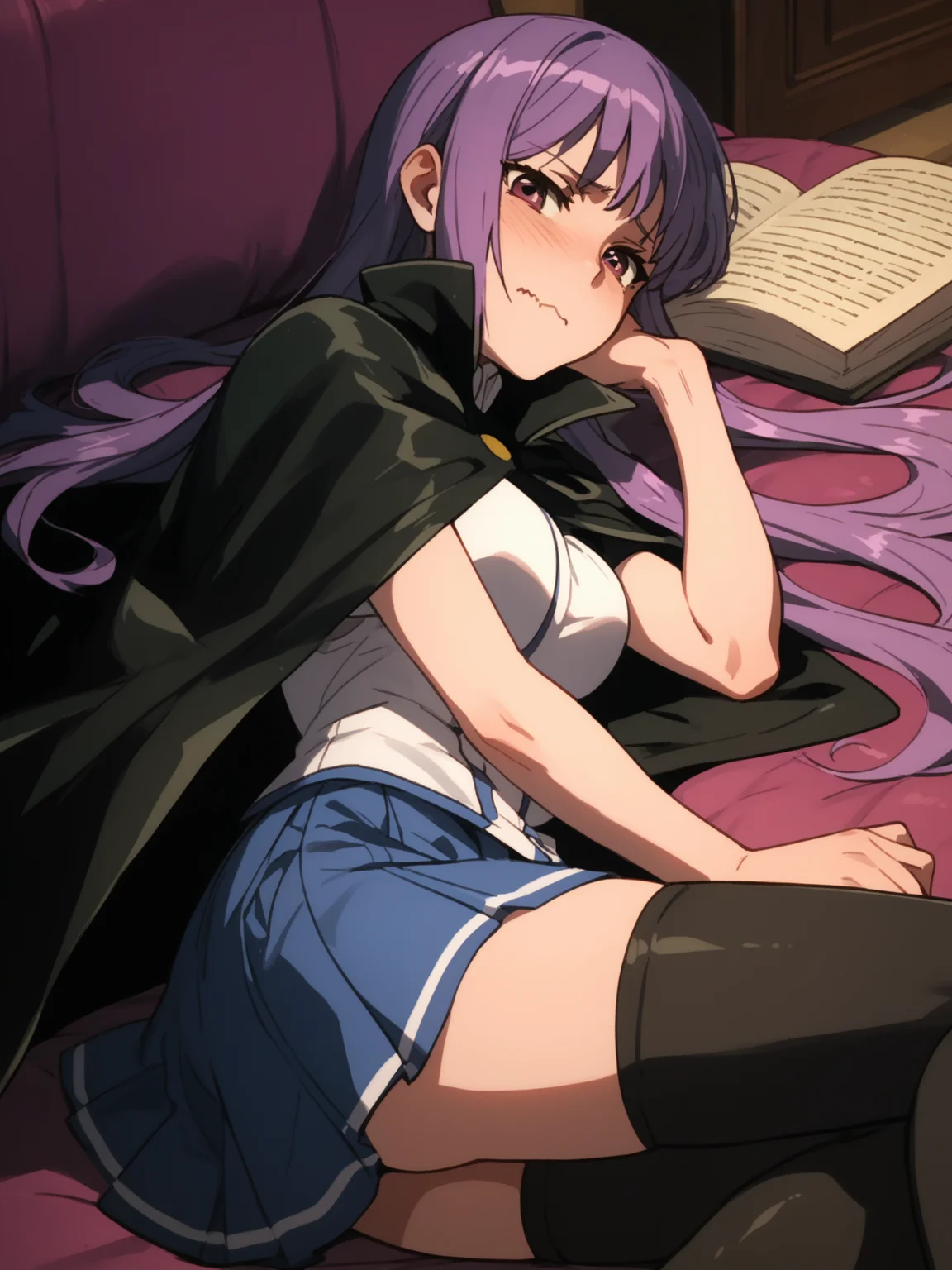 <lora:happy_tentacle-fujiko-v0.2-000030:1>, ht_fujiko, school uniform, black cape, blue skirt, black thighhighs, indoors , 1girl, solo, , , ((wavy mouth:0.8) :1.2), , looking at viewer , lying , facing viewer , score_9, score_8_up, score_7_up, score_6_up, score_5_up, score_4_up