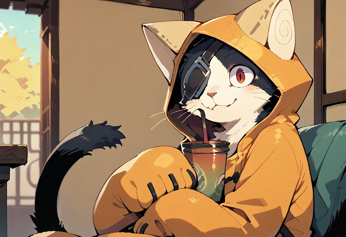 score_9,score_8_up,score_7_up,score_6_up,score_5_up,score_4_up,source_anime,male,kemono,solo,depth of field,ambient occlusion,cinematic lighting,smile,looking forward,sky,jubei,hoodie,red eyes,eyepatch,2 tails,cat,orange hoodie,animal hood,black fur,white fur,two-tone fur,sitting,indoors,drinking tea,japanese room,4 toes,standing,pawpads,smile,katana,<lora:Jubei:0.8>,<lora:pony_pony_2_adamW:1>,