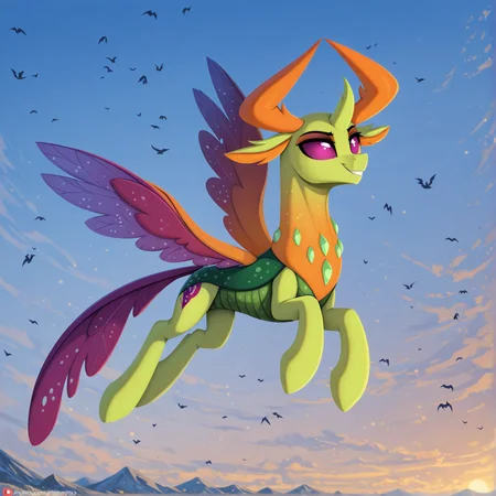 masterpiece, best quality, newest, absurd res, hi res, feral, equid, equine, my little pony, friendship is magic, solo,
changeling, king thorax, wings, flying, sky, calm,
[mricantdraw|czubox|swaybat|kuroran|phenya|dripponi] 
<lora:King_Thorax:1>