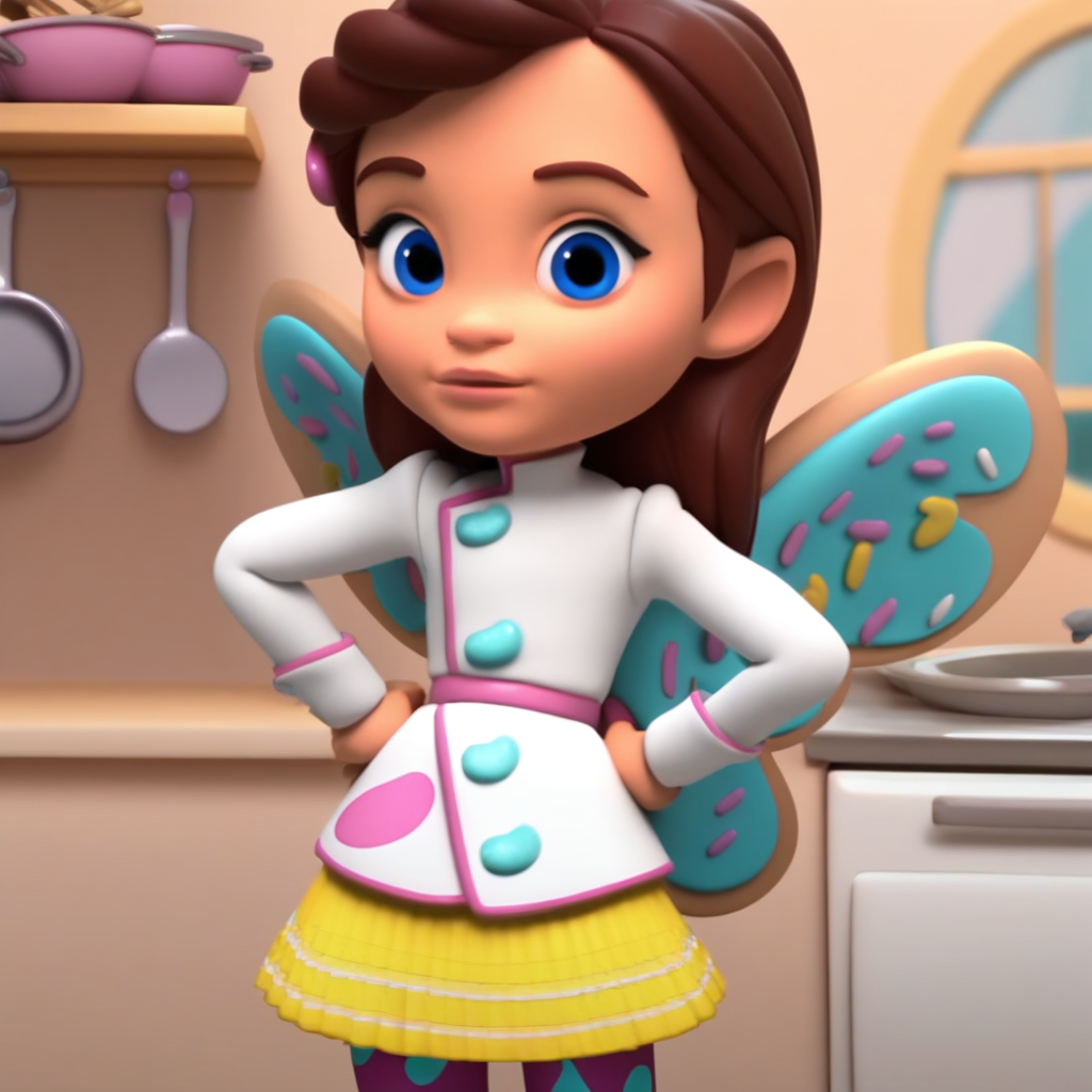 score_9, solo, bb_cf, brown hair, blue eyes, wings, chef coat, skirt, pantyhose, hands on hips, looking at viewer, kitchen