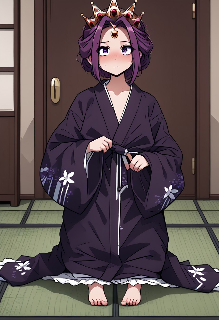 MIRELLIA Q MELROMARC, CROWN, TIARA, yukata, full body, ShrinkingConcept, shrinkingclothing, oversized clothes, shrinking, full body, child, small
