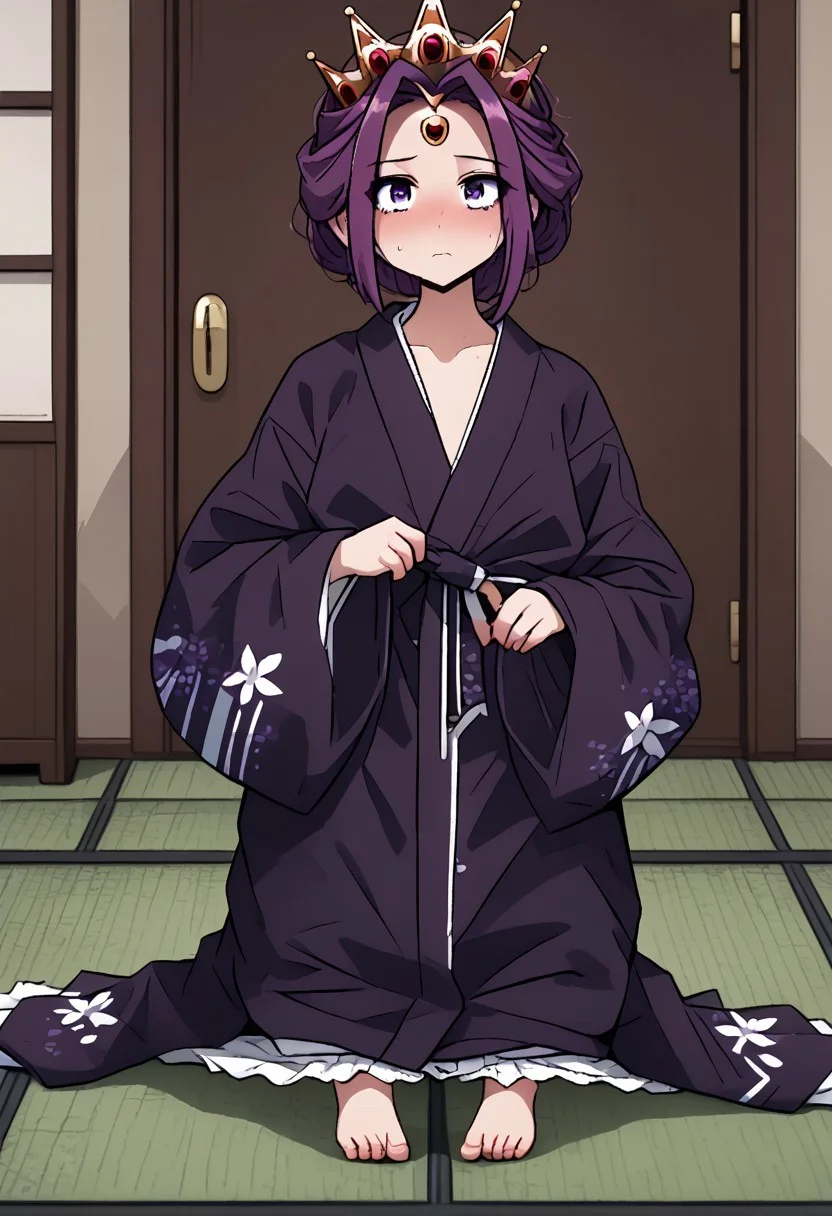 MIRELLIA Q MELROMARC, CROWN, TIARA, yukata, full body, ShrinkingConcept, shrinkingclothing, oversized clothes, shrinking, full body, child, small