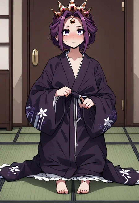 MIRELLIA Q MELROMARC, CROWN, TIARA, yukata, full body, ShrinkingConcept, shrinkingclothing, oversized clothes, shrinking, full body, child, small