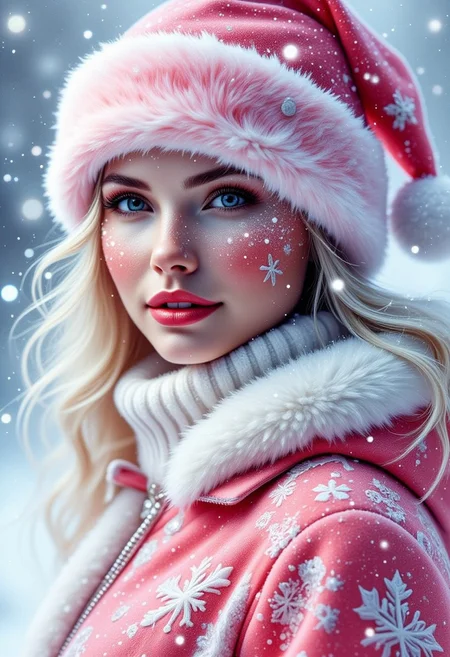 Contrail, mosaic, Fantasy realism, Storybook Illustration, double exposure, delicate detailed inspired by [Artgerm, Brian M  Viveros, Esao Andrews], pink | white stripes, sharp focus, triadic colors, gorgeous girl, red lips, snow suit, pink santa hat, snowflakes , dynamic pose, luminism, magic light rings, bioluminescence, 32k