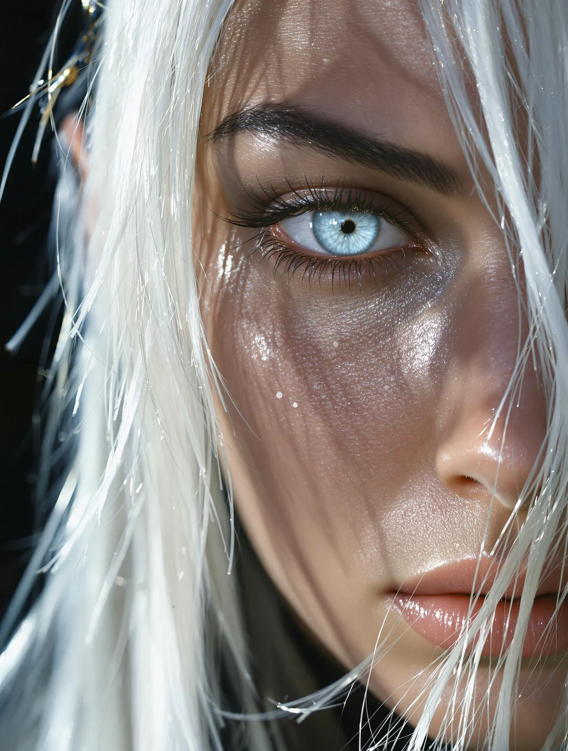 A stunning, hyper-realistic close-up captures the face of a beautiful elven swordswoman, poised for battle. Her intense, beautiful pale blue eyes reflect a fierce resolve, shining with both quiet strength and an underlying vulnerability. The sharp, delicate features of her face are framed by long, sleek white hair, slightly tousled, with strands falling over one eye, adding to her mysterious allure. Her expression is a mesmerizing mix of determination and fragility, capturing the duality of a warrior ready to fight yet imbued with an ethereal, almost otherworldly beauty. Soft beads of sweat cling to her flawless, pale skin, subtly glowing in the dramatic side lighting that enhances every detail.
The lighting casts intricate shadows across her face, highlighting the contours of her high cheekbones and the softness of her lips, which tremble slightly with tension. There’s a moody, atmospheric glow surrounding her, blending the ethereal elements of a fantasy world with the timeless elegance of modern fashion. Her gaze is piercing yet distant, as if contemplating both the battle before her and the weight of her existence. The overall style evokes a luminous blend of John Anster Fitzgerald’s dreamy fantasy elements, Alphonse Mucha’s intricate nature-inspired details, and Rembrandt’s mastery of light and shadow, creating a hauntingly beautiful, cinematic moment.