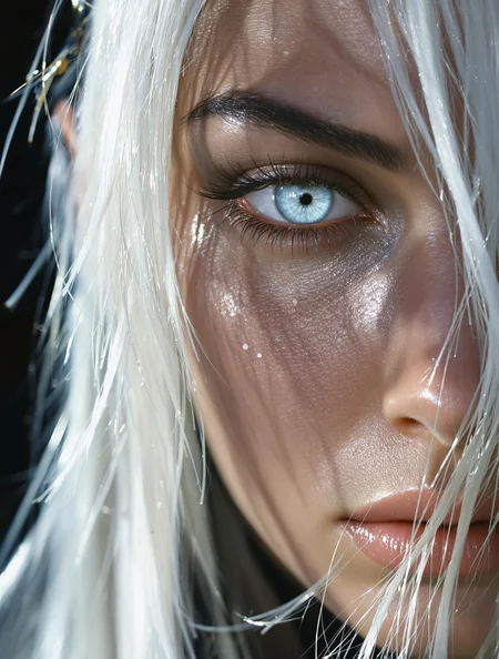 A stunning, hyper-realistic close-up captures the face of a beautiful elven swordswoman, poised for battle. Her intense, beautiful pale blue eyes reflect a fierce resolve, shining with both quiet strength and an underlying vulnerability. The sharp, delicate features of her face are framed by long, sleek white hair, slightly tousled, with strands falling over one eye, adding to her mysterious allure. Her expression is a mesmerizing mix of determination and fragility, capturing the duality of a warrior ready to fight yet imbued with an ethereal, almost otherworldly beauty. Soft beads of sweat cling to her flawless, pale skin, subtly glowing in the dramatic side lighting that enhances every detail.
The lighting casts intricate shadows across her face, highlighting the contours of her high cheekbones and the softness of her lips, which tremble slightly with tension. There’s a moody, atmospheric glow surrounding her, blending the ethereal elements of a fantasy world with the timeless elegance of modern fashion. Her gaze is piercing yet distant, as if contemplating both the battle before her and the weight of her existence. The overall style evokes a luminous blend of John Anster Fitzgerald’s dreamy fantasy elements, Alphonse Mucha’s intricate nature-inspired details, and Rembrandt’s mastery of light and shadow, creating a hauntingly beautiful, cinematic moment.