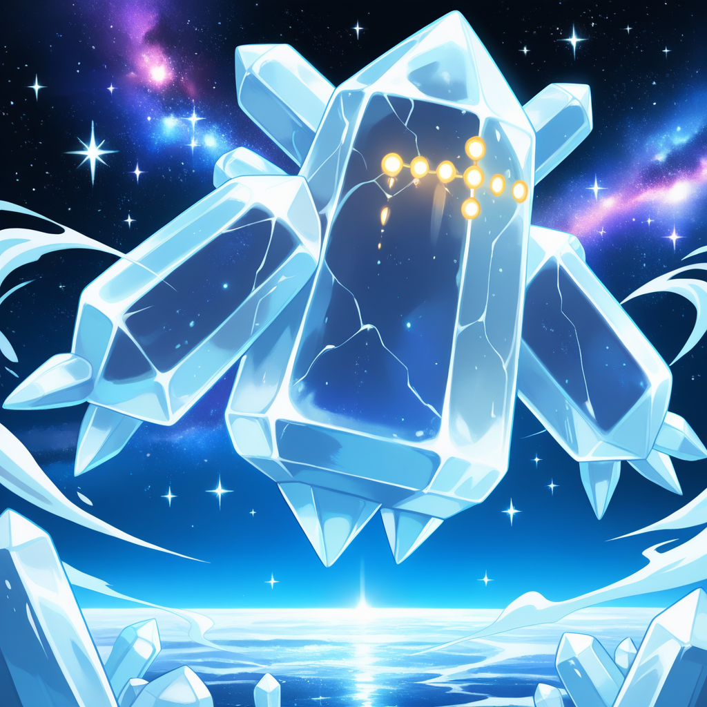 detailed, detailed_background, vibrant, amazing quality, rtx, cinematic ambience, <lora:regice-15:1> (pregi), pokemon \(creature\), ice_body, symmetrical_design, crystal body, ice body, 1other, ice aura, celestial, geometric body, no humans, galaxy, horizon,