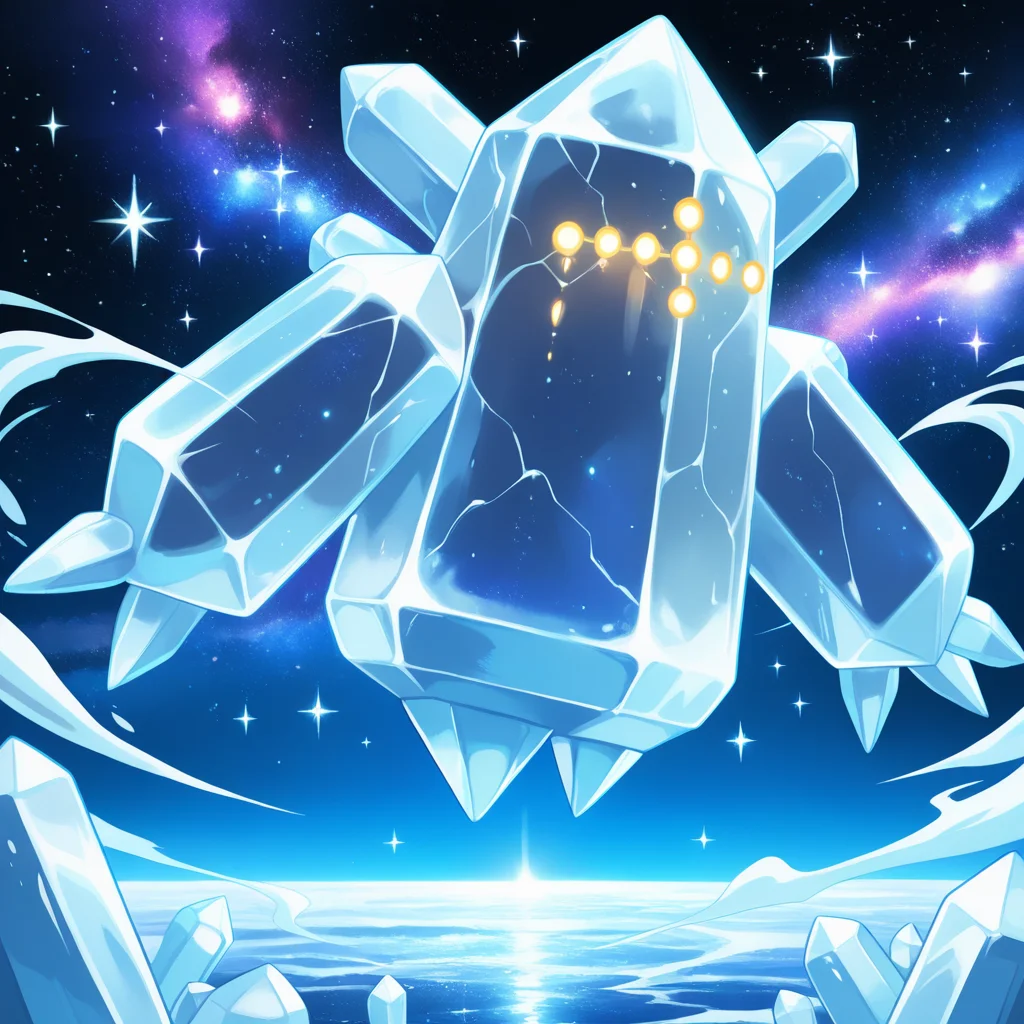 detailed, detailed_background, vibrant, amazing quality, rtx, cinematic ambience, <lora:regice-15:1> (pregi), pokemon \(creature\), ice_body, symmetrical_design, crystal body, ice body, 1other, ice aura, celestial, geometric body, no humans, galaxy, horizon,