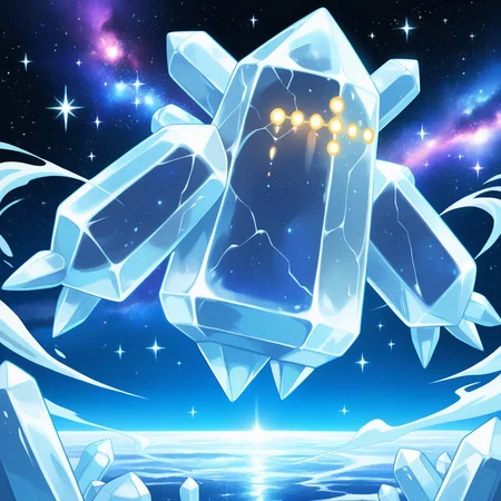 detailed, detailed_background, vibrant, amazing quality, rtx, cinematic ambience, <lora:regice-15:1> (pregi), pokemon \(creature\), ice_body, symmetrical_design, crystal body, ice body, 1other, ice aura, celestial, geometric body, no humans, galaxy, horizon,