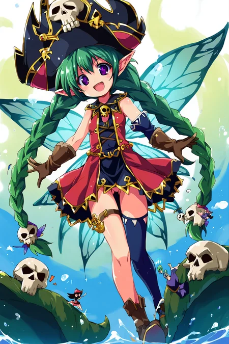 score_9,score_8,sfw,<lora:Komatsu_Eiji_Pony_V2:0.9>,liptan,anchor,hat,skull and crossbones,thighhighs,gloves,2girls,multiple girls,fairy,green hair,braid,long hair,twin braids,purple eyes,striped,open mouth,wings,smile,single thighhigh,fairy wings,minigirl,pirate hat,skull,very long hair,:d,pointy ears,thigh strap,dress,
