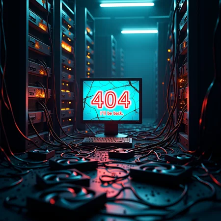 A chaotic, digital dystopia scene with tangled wires and smoldering computer hardware scattered across a dimly lit server room. In the center, a glowing "404" error code flickers, with sparks flying from fried GPUs. The text "I'll be back." is boldly displayed on a cracked, futuristic computer screen in the foreground, emitting a faint blue glow.