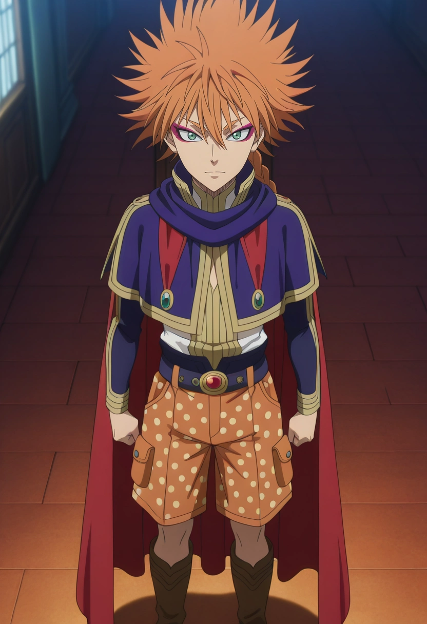 masterpiece, best quality, , anime screencap, anime coloring, official style, looking at viewer, 1boy, solo, male focus, <lora:leopold_vermillion_ilxl:0.94>, leopold_vermillion, orange hair, green eyes, spiked hair, long hair, braid, single braid, makeup, eyeshadow, eyeliner, cape, , Polka dot Amber Cropped cargo shorts, Harlequin Coral Pink Button-down shirt, Work boots, Kufi cap,