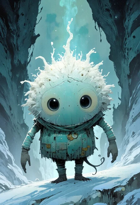A weird fluffy ice creature in a beautiful ice cave, it is snowing, light roams through the cave and creates reflections in the snow