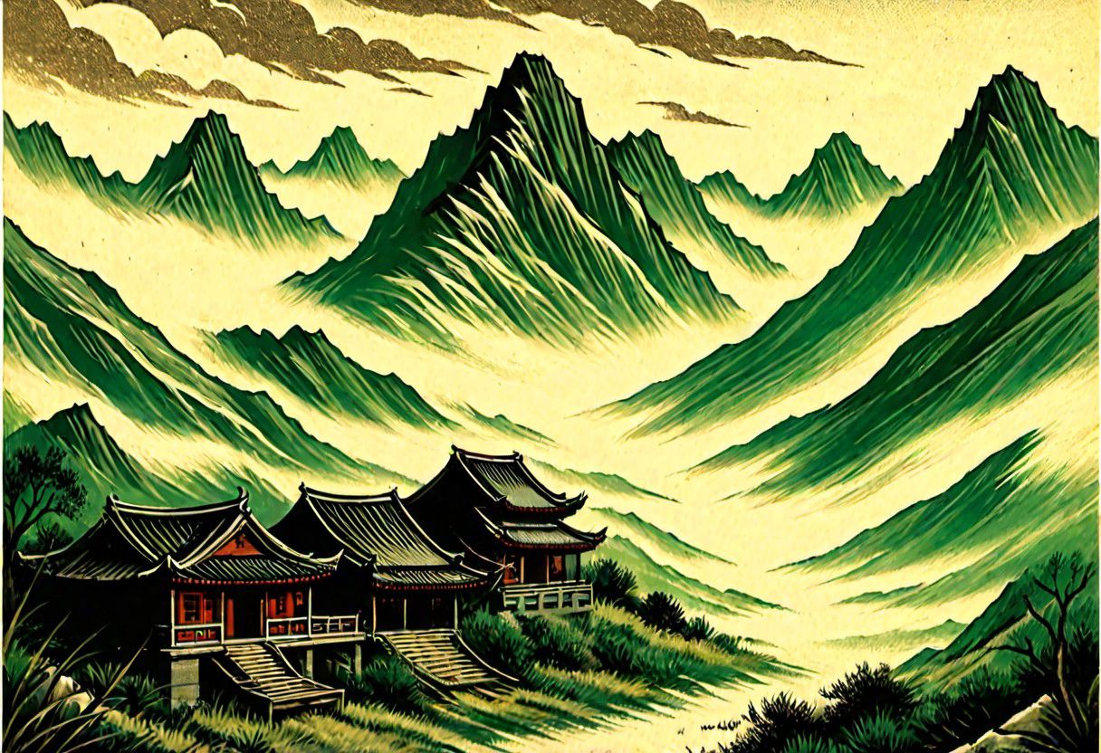 Ancient Chinese countryside, foggy mountains, pulp cover art