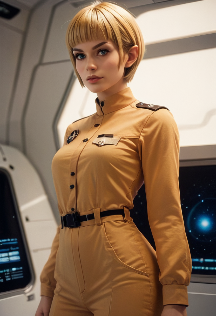 source_9, source_8_up, source_7_up, source_6_up, vulc4n, on a spacecraft, cowboy shot, 1girl, pointy eyebrows, blunt bangs, blonde hair, short hair, wearing a uniform  <lora:vulc4n-v4:1>