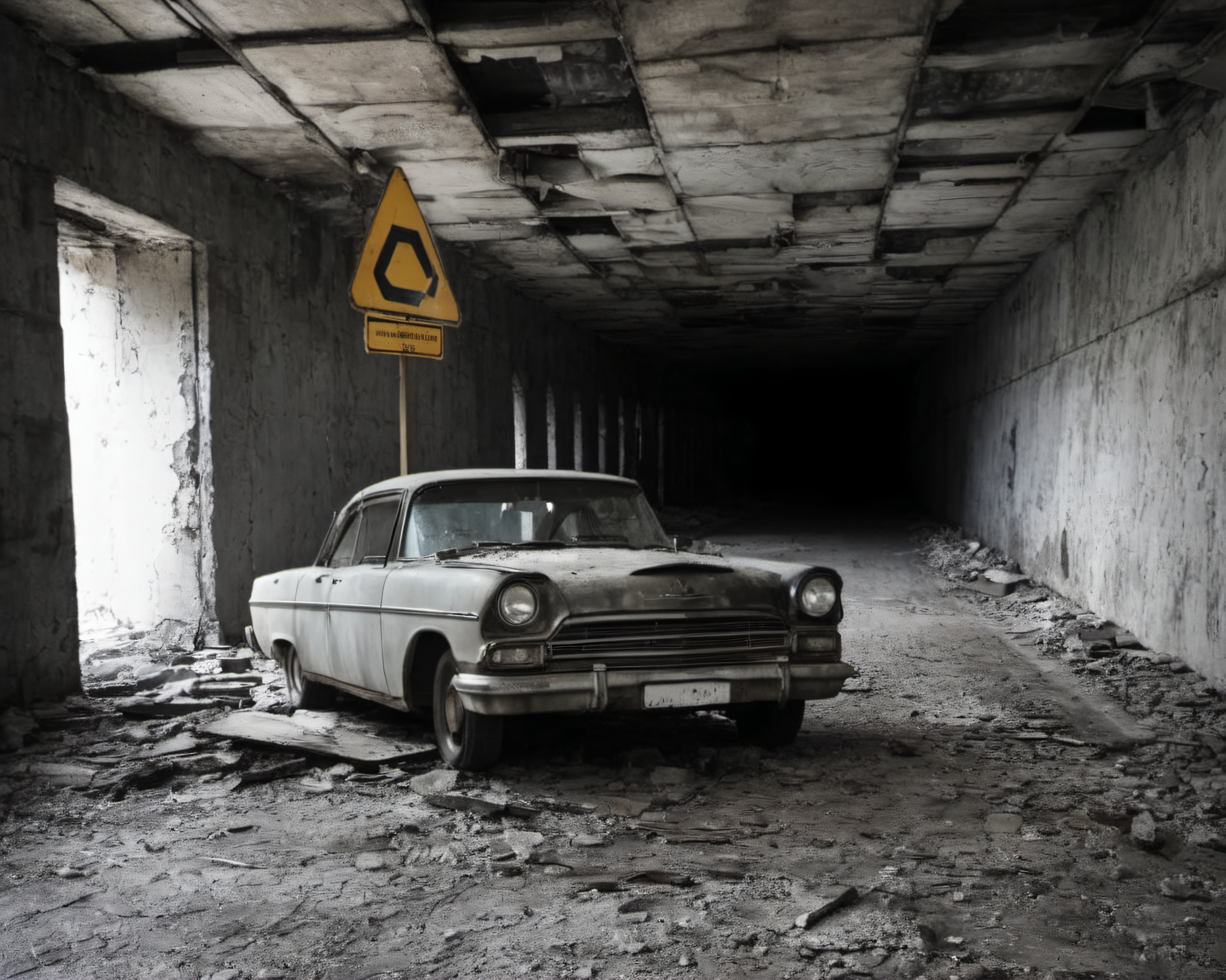 best quality, realistic, vray, hdr, on a post-apocalyptic collapsed tunnel, blocked entrance, abandoned car, hanging traffic sign., by Irving Penn, Chern4byl enviroment  <lora:Chenorbyl_v1:0.8>