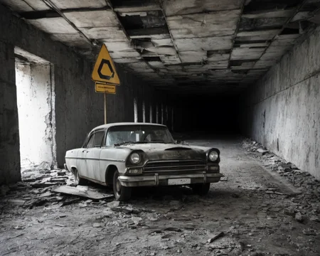 best quality, realistic, vray, hdr, on a post-apocalyptic collapsed tunnel, blocked entrance, abandoned car, hanging traffic sign., by Irving Penn, Chern4byl enviroment  <lora:Chenorbyl_v1:0.8>