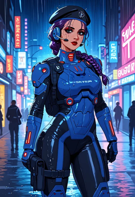 score_9, score_8_up, score_7_up, best quality, fusilier:1.2, masterpiece, cyberpunk indian girl, indian woman skin, long twin braid, bangs, blue military satchel beret, dark eyeshadow, blue armour, panoceania, violet hair, military insignias, stripes, red lips, headset, blue and gray power armour, black bodysuit, assault rifle, on a cyberpunk street at night, neon signs, american city, heavy rain, wet, wet hair, wet skin, wet clothes, bokeh, vibrant, surreal colours, High Definition HD, High Detail, Perfect Composition, mythp0rt