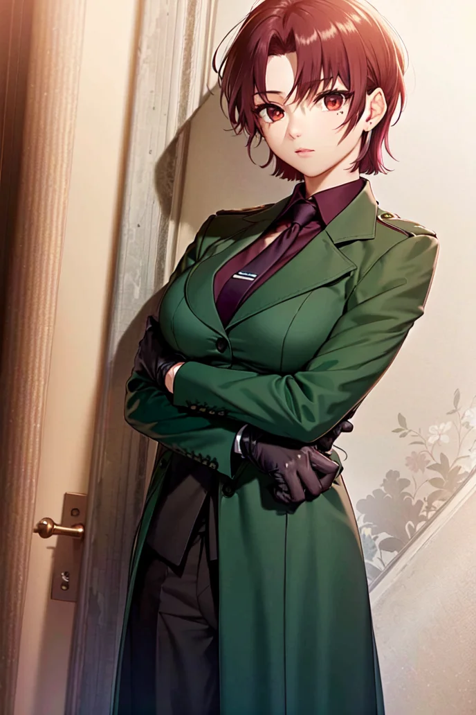 (masterpiece, best quality:1.2), bazett, fgo, 1girl, solo, case on back, short hair, red hair, bangs, red eyes, mole under eye, large breasts, formal suit, long coat, black gloves, red shirt, necktie, adjusting gloves <lora:BAZETT-15:0.8>