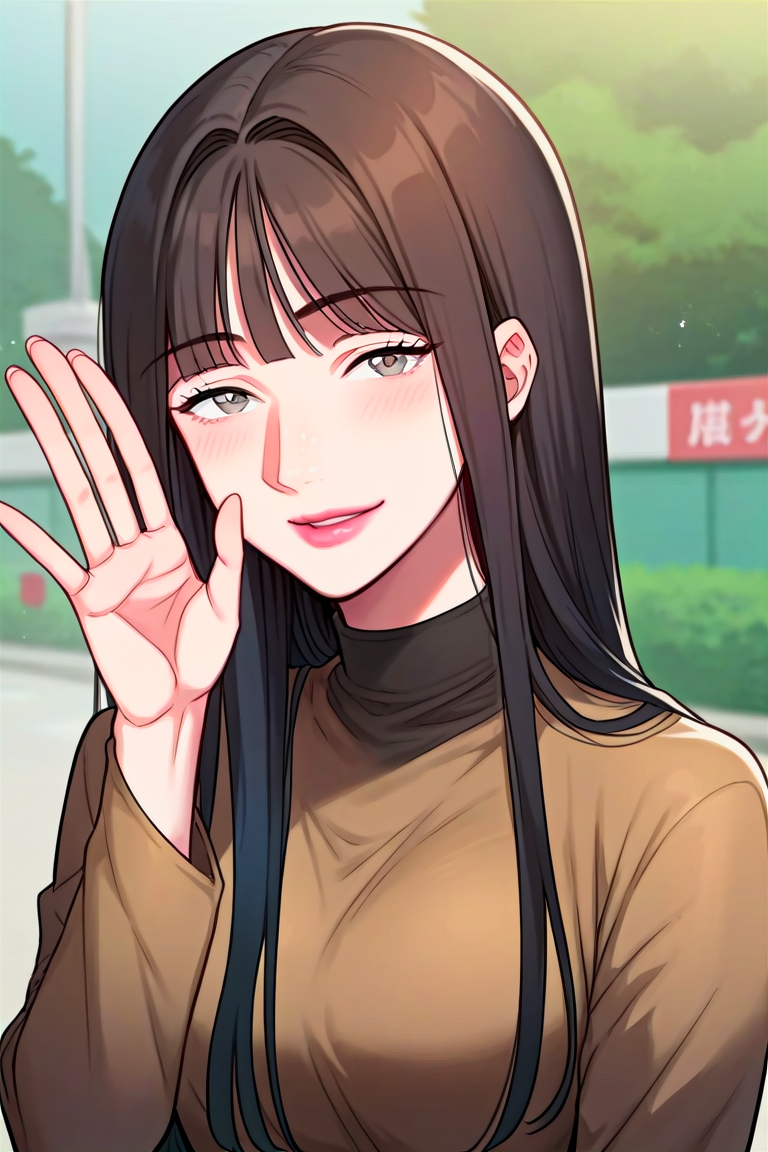 score_9, score_8_up, score_7_up, score_6_up, score_5_up, score_4_up, rating_questionable, , source_anime, digital illustration, pixiv, fanbox, uncensored, , BREAK, official art,
1girl, solo, mature female, kang yuna, black hair, grey eyes, blunt bangs, straight hair, lips
black turtleneck, long sleeves, upper body, , waving, light smile,, outdoors, blush, looking at viewer, cowboy shot,    <lora:Kang_Yuna_Pony-10:0.9>