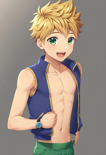 semi-shirtless, blond hair, short hair, kenji sato, spike hair, solo focus, subtle muscle definition, wear white open clothes, sleeveless wear blue watch on the left hand, happy expression, young male,