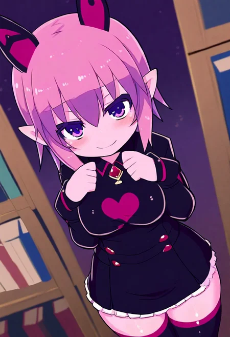 masterpiece, best quality, absurdres, medium breasts, (curvy), cute, eyelashes, shiny skin, vivid colors, BREAK, ,,, medium breasts, curvy, tiny woman, small woman , petite, short body, cute girl, pretty girl, black skirt, tight top, black shirt, short hair, pink hair, pointy ears, thighhighs, deathlock-san, smug, fit body, smile, heart on shirt, shy, looking at viewer, high angle, library ,,, <lora:ZankuroStyleIllustrious_v3:0.7>,