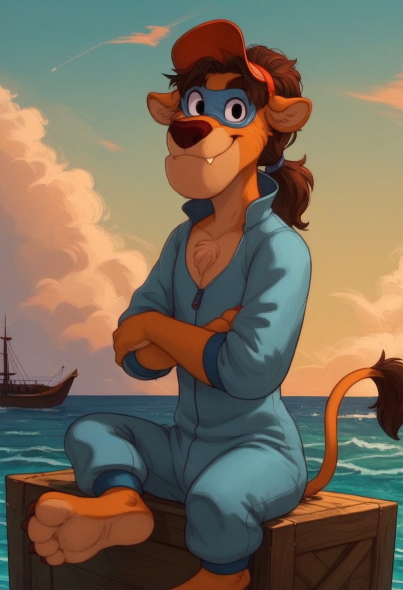 score_7, score_8, score_9, dynamic lighting, detailed background, background is ship dock, dock, (stacked crates), ((ocean)), boats, mountains in distance, ((outdoors)), clouds, sunny, (close up), cowboy shot,
BREAK 
Solo, 1boy, ((anthropomorphic)), furry male, Wildcat, yellow fur, two tone fur, brown hair, hair in ponytail, animal nose, black eyes, slender, animal ears, yellow ears, (yellow tail), feet claws, snaggle tooth, eye mask, fluffy fur, fluffy eyebrows, (fang), chest fur tuft,
BREAK 
sitting on crate, looking at viewer, smiling, jumpsuit, hat, arms crossed,
