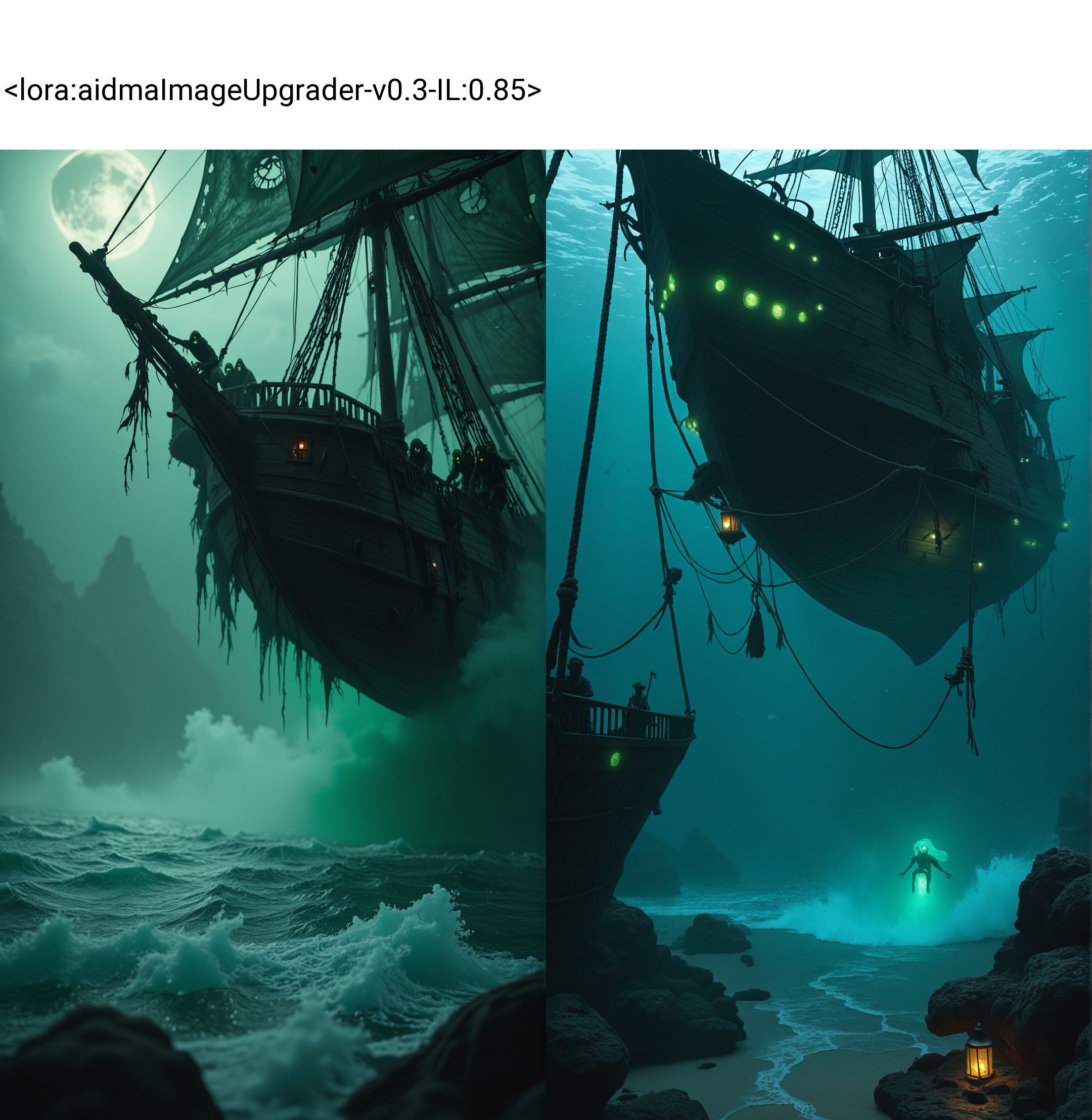 A zombie pirate crew climbing aboard a ghost ship, their glowing green eyes and tattered clothes billowing in the sea breeze.
, aidmaimageupgrader  <lora:aidmaImageUpgrader-v0.3-IL:0.85>