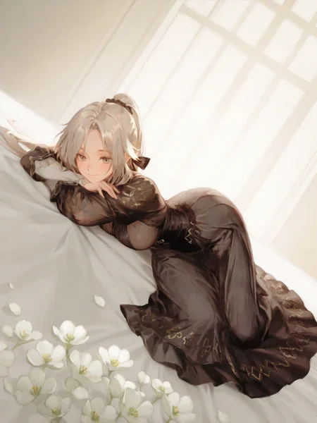 (masterpiece, best quality, very aesthetic, absurdres, highres:1.2), incredible lighting, (aug_girls_frontline, girls frontline, white flower, black dress:1.2), <lora:illustriousXL_stabilizer_v1.7:1>, 1girl, solo, platinum hair, iconic scene, cinematic, full body, <lora:NOOB_vp1_detailer_by_volnovik_v1:1>, painterly style, looking at viewer, <lora:anmiXLillokrV53P1:0.3>, <lora:reikolokr_for_illustrious:0.5>, <lora:10_AESTX:0.4> aestx, brushstroke \(medium\), soft smile, gravure pose, dynamic angle, ponytail, 2b cosplay