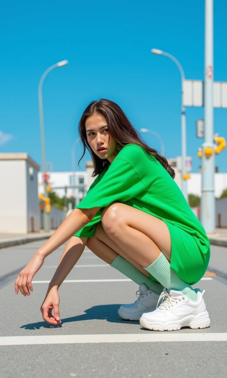 aesthetic_pos3, dynamic_pos3, Casual urban style, a young woman squatting with a playful expression, wearing an oversized green t-shirt and chunky white sneakers, bright blue sky, outdoor street view, clear lighting, vibrant
