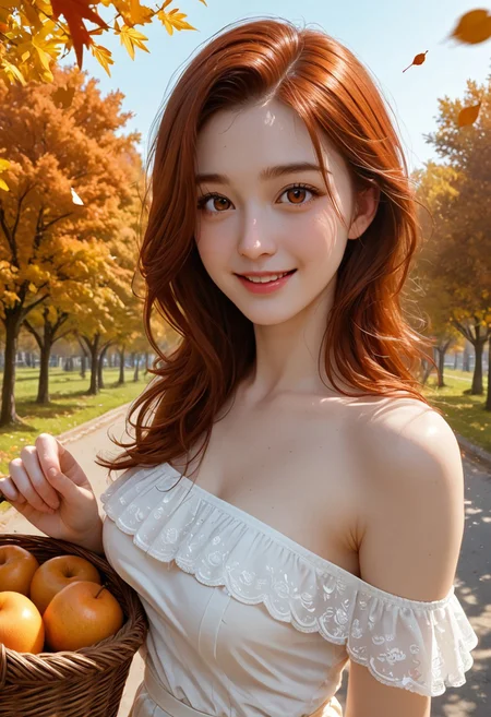 score_9, score_8_up, photorealistic, masterpiece, high quality, highly detailed, warm colors, cinematic lighting, BREAK 
1girl, stunning 18-year-old with delicate and innocent features, glowing with natural beauty, long, wavy auburn hair cascading over her shoulders, soft autumn leaves caught in her flowing strands, large, expressive eyes filled with warmth, lips curved in a light and inviting smile, her cheeks softly blushed, looking directly at the viewer with a captivating and gentle gaze, medium perky breasts subtly outlined under a fitted white blouse, the fabric slightly sheer, hinting at her natural curves, her slim waist accentuated by a flowing skirt adorned with autumn patterns, BREAK 
holding a woven basket overflowing with ripe autumn fruits—apples, pears, and vibrant oranges—her hands delicately brushing the fruit as if lost in thought, golden autumn leaves scattered around her feet, set in a serene orchard glowing with warm, golden sunlight filtering through the trees, her innocent charm amplified by the seasonal ambiance, cinematic depth enhancing the warm tones, BREAK 
eye catching, zPDXL3, Expressiveh, <lora:spo_sdxl_10ep_4k-data_lora_webui:0.6> <lora:ponyv5_noobV065S_1_adamW-000013:0.7> <lora:USNR_STYLE_XL_lokr:0.5> <lora:EtherSDXL:0.15> <lora:748cmSDXL:0.3>