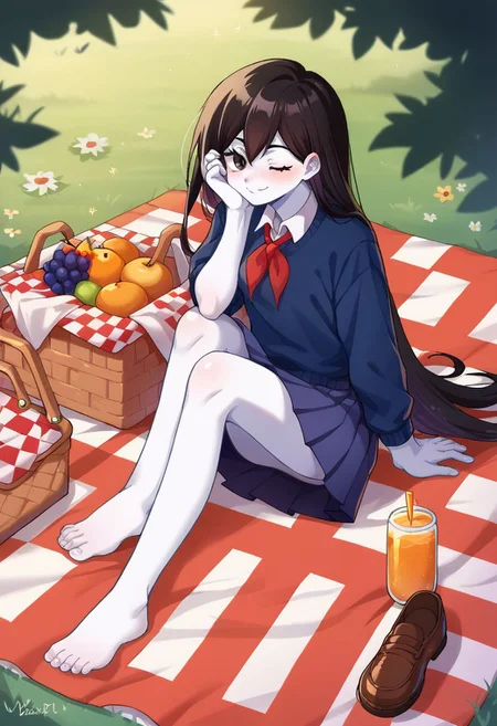 score_9, score_8, score_7, source_anime, BREAK
mariomori, one eye closed, full body, fruit, shoes, (colored skin, white skin), basket, picnic basket, school uniform, jewelry, barefoot