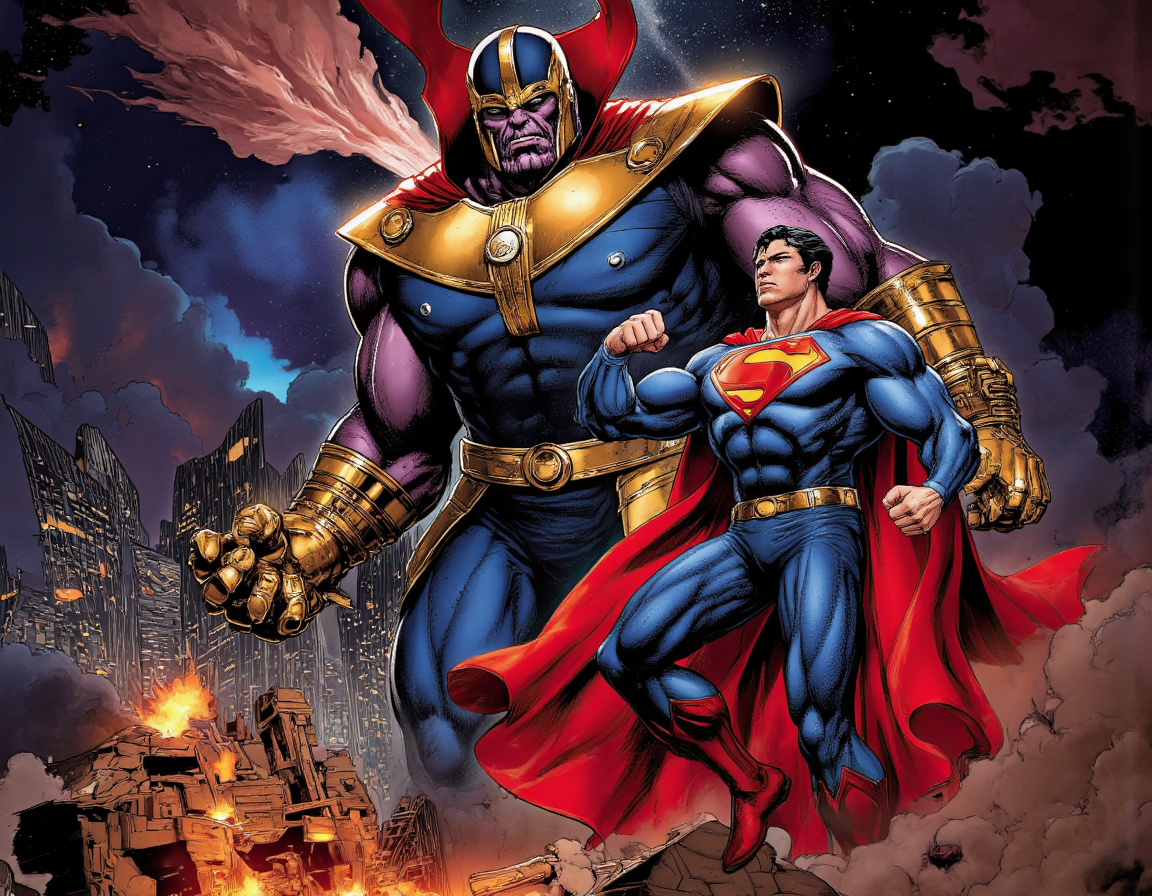  <lora:{martoonia, }martoonia:0.85> martoonia, A dynamic, action-packed illustration in the style of Marvel comics, depicting the epic battle between Superman, the iconic DC superhero, and Thanos, the formidable Mad Titan from the Marvel universe. Superman, with his classic blue and red suit, stands tall, his muscular physique and chiseled features accentuated by the vibrant colors and bold lines characteristic of comic book art. His eyes blaze with determination, and his fists are clenched, ready to unleash his incredible strength. Thanos, towering over Superman, wears his signature armor, the Infinity Gauntlet gleaming on his left hand, its stones pulsing with immense power. His facial expression is one of cold, calculating intent, his eyes fixed intently on his opponent. The background is a swirling vortex of colors, with shattered buildings and debris scattered everywhere, testament to the colossal struggle unfolding. The lighting is dramatic, with flashes of energy and explosions illuminating the darkening sky, casting dynamic shadows that enhance the sense of movement and tension. The atmosphere is electric, with the air thick with anticipation and the promise of destruction. The shot is a wide-angle, cinematic view, capturing the enormity of the battle and the sheer scale of the two titans clashing. The image features a mix of bold, vibrant colors and darker, moodier tones, reflecting the comic book style, with bold lines, textures, and dynamic composition, emphasizing the drama and intensity of the scene. The rendering style is hyper-detailed, with intricate textures and patterns on the characters' costumes and the environment, adding depth and richness to the image. The overall mood is one of awe-inspiring spectacle, as two of the most powerful beings in the universe engage in a battle for the ages. 8k highest resolution with sharp intricate details. . 35mm photograph, film, bokeh, professional, 4k, highly detailed