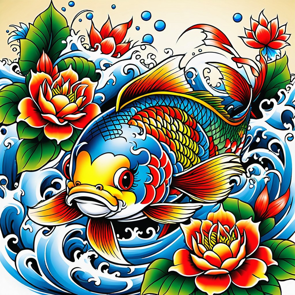 ED Hardy tattoo artwork ,Ed hardy  look alike art,  mean, vicious  ((koi fish )) illistrations, complete bold art work and characters, solid lines,  easily distinguishable , distinguishable easily witnessed and convincing artwork masterwork, cartoon, illistrations,  big bold art , lots of flowers, ribbons, flying pyrate doves and sparrows in the backgrounds
masterpiece, excellent work,  full pages ,digital art,