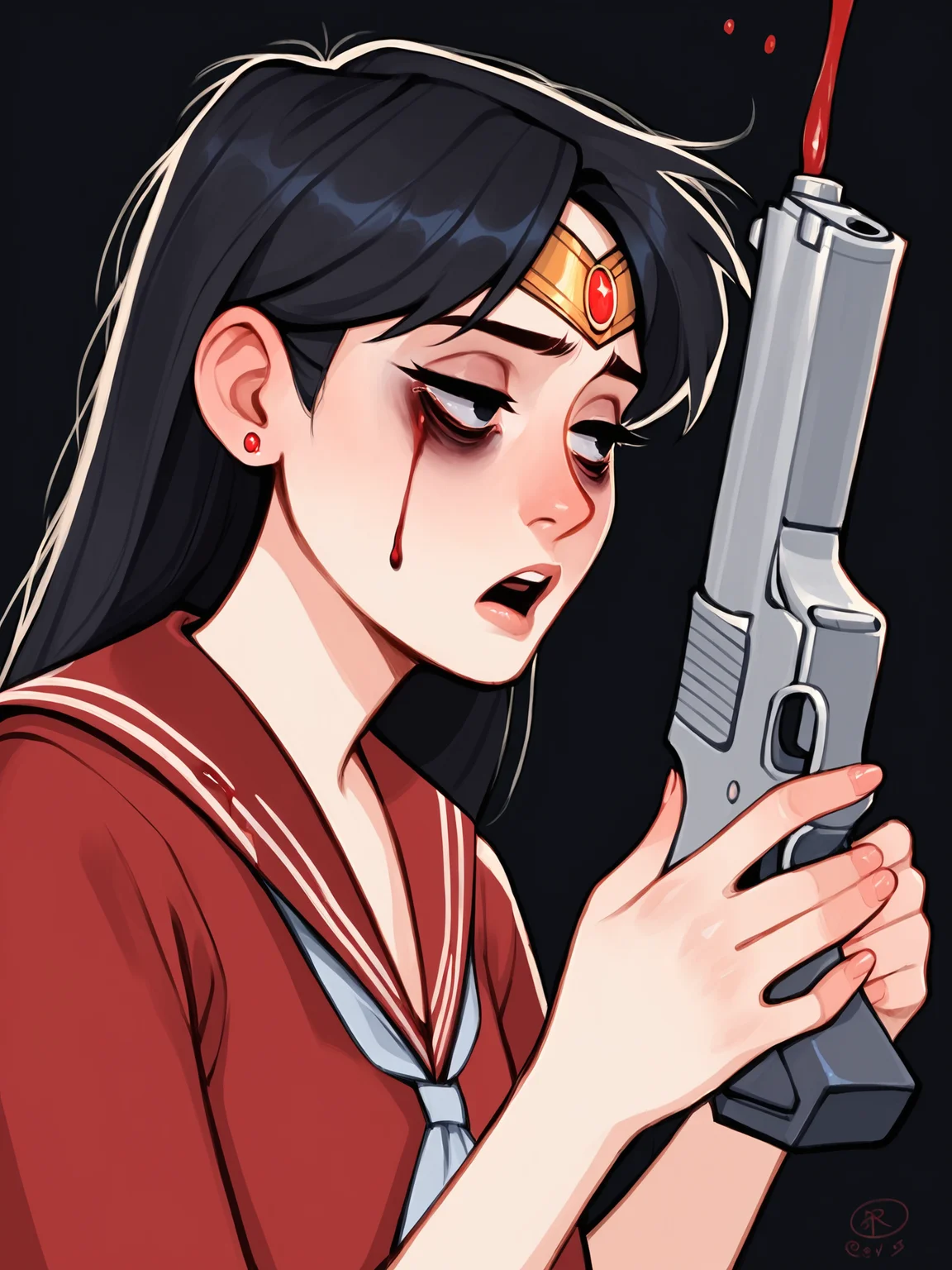score_9, score_8_up, score_7_up, score_6_up, score_5_up, score_4_up, rating_safe
BREAK
sailor mars, circlet, black hair, black eyes, looking away, tired, half-closed eyes, bags under eyes, sigh, open mouth, looking down, blood on face, blood splatter,
BREAK
solo, portrait, magical girl, red serafuku, from side, holding gun, handgun, blood on weapon,
BREAK
black background, <lora:Lunas-SimzArts-SDXL-A1:1>