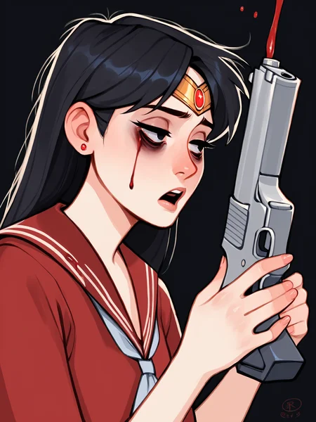 score_9, score_8_up, score_7_up, score_6_up, score_5_up, score_4_up, rating_safe
BREAK
sailor mars, circlet, black hair, black eyes, looking away, tired, half-closed eyes, bags under eyes, sigh, open mouth, looking down, blood on face, blood splatter,
BREAK
solo, portrait, magical girl, red serafuku, from side, holding gun, handgun, blood on weapon,
BREAK
black background, <lora:Lunas-SimzArts-SDXL-A1:1>