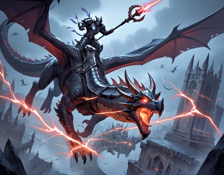 score_9, score_8_up, score_7_up, nighttime, epic image of an armored man riding a huge dragon through a dark sky, flying, lightning, black armor, darkness, horns, horned helmet, dark mood, otherworldly, dark clouds, dark lord, holding staff, glowing eyes <lora:dragonriderpxl:0.8>, dragonriderpxl, motion, action shot, best quality, masterpiece, vortex in sky, dark magic, anime style,