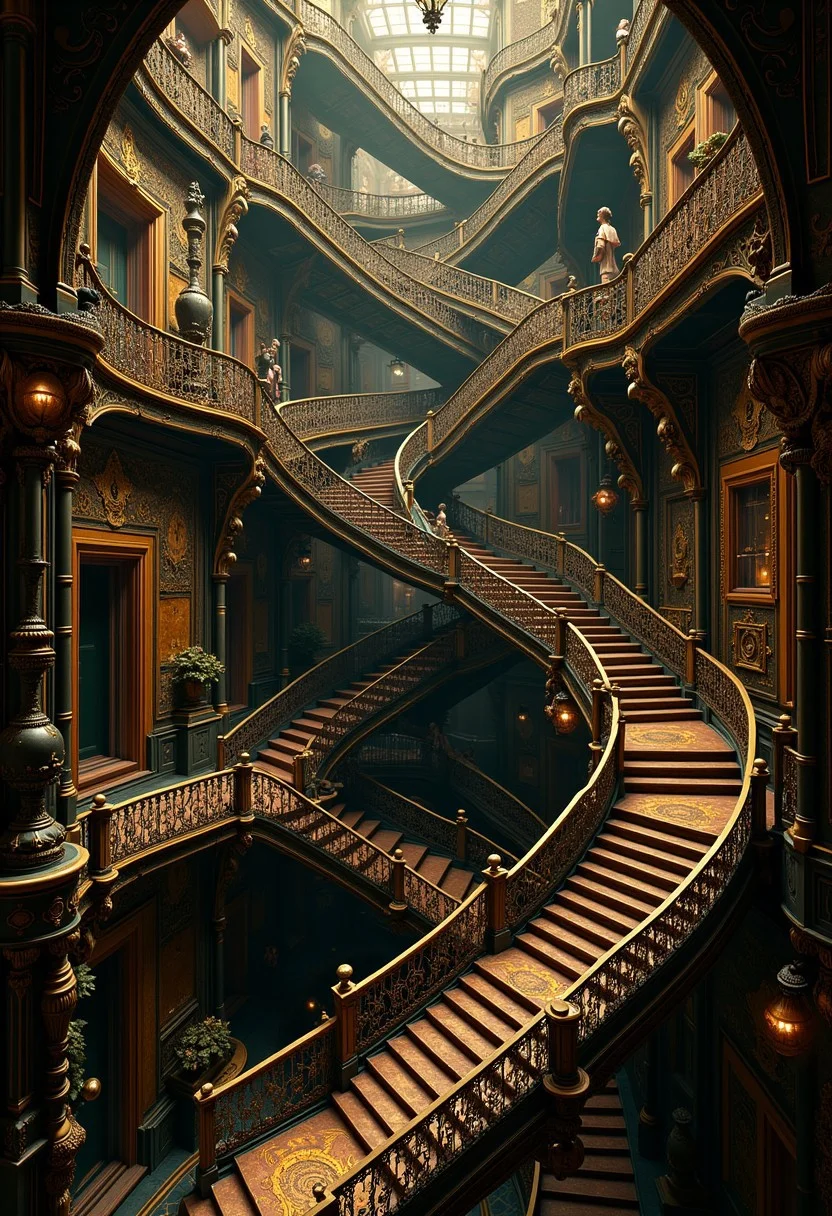 A wrought iron sympunk staircase, shot from above at a diagonal angle, where several levels seem to fold into each other like an Escher drawing, with gravity-defying staircase segments twisting like a Mobius strip. The frame is filled from edge to edge with ornate metalwork that gradually transforms into living vines and mechanical clocks and watchmaking elements, creating impossible geometric patterns in the style of steam art nouveau that seem to breathe and move. Victorian era automatons in period dress rise and descend simultaneously on different planes of reality, their forms partially transparent and merging with the ironwork. Shot with a contrasting spotlight to maintain razor sharpness in all elements, while small pockets of space seem to rupture to reveal cosmic voids and clockwork mechanisms. Complex metalwork details stand against a deliberately underexposed background, where shadows take impossible shapes and distant staircases twist like Mobius strips into miniature parallel universes resembling Klein bottles. Light sources hanging from invisible points on the ceiling catch the light in physically impossible ways, creating prisms that divide reality into fractals. The composition maintains technical precision, while reality is revealed at its edges through baroque metal patterns that transform into mathematical sequences and runic symbols.