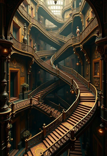 A wrought iron sympunk staircase, shot from above at a diagonal angle, where several levels seem to fold into each other like an Escher drawing, with gravity-defying staircase segments twisting like a Mobius strip. The frame is filled from edge to edge with ornate metalwork that gradually transforms into living vines and mechanical clocks and watchmaking elements, creating impossible geometric patterns in the style of steam art nouveau that seem to breathe and move. Victorian era automatons in period dress rise and descend simultaneously on different planes of reality, their forms partially transparent and merging with the ironwork. Shot with a contrasting spotlight to maintain razor sharpness in all elements, while small pockets of space seem to rupture to reveal cosmic voids and clockwork mechanisms. Complex metalwork details stand against a deliberately underexposed background, where shadows take impossible shapes and distant staircases twist like Mobius strips into miniature parallel universes resembling Klein bottles. Light sources hanging from invisible points on the ceiling catch the light in physically impossible ways, creating prisms that divide reality into fractals. The composition maintains technical precision, while reality is revealed at its edges through baroque metal patterns that transform into mathematical sequences and runic symbols.