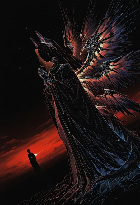 highly detailed, fine skin detail, absurdres, highly-detailed, best quality, masterpiece, very aesthetic, dutch angle, extreme theme, descension, splitting sky, red sky, eye sky, solo, 1girl, Sent1nel, Faceless, ((no face)), Android, Veil, Animal ears, wendigo, tail, robes, multiple wings, praying, close up,
15546+456868, usnr, \Arknights\_theme, colorful, black background, hatching \(texture\),