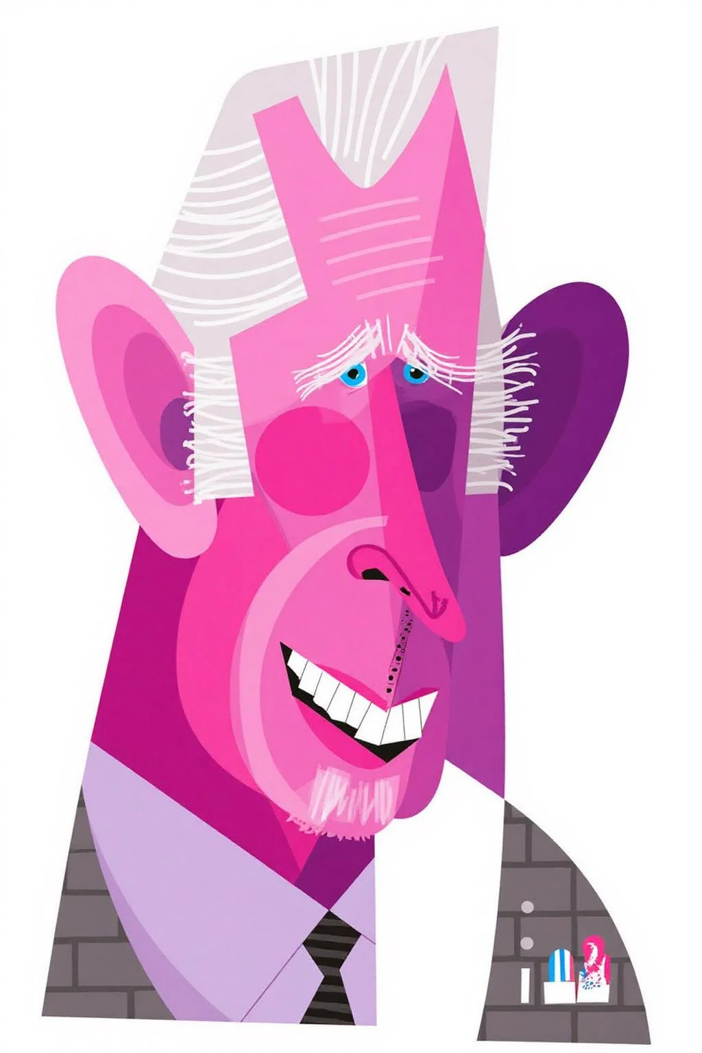 The image is a digital drawing in a modern, stylized art style, characterized by bold lines and vibrant colors. The subject is an elderly man, Prince Charles, with exaggerated, abstract features. His face is predominantly pink, with purple accents and white highlights, giving it a cartoonish appearance. He has a prominent, pointed nose, expressive blue eyes, and a wide, toothy grin. His hair is depicted as a stylized, wavy, white shape atop his head. <lora:palo1_cap_d6a3e12:1.0><lora:821345472678619106:0>