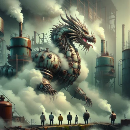 Score_9,Score_8, industrial world, fog, breathing steam, giant fat dragon made of machinery, group of people