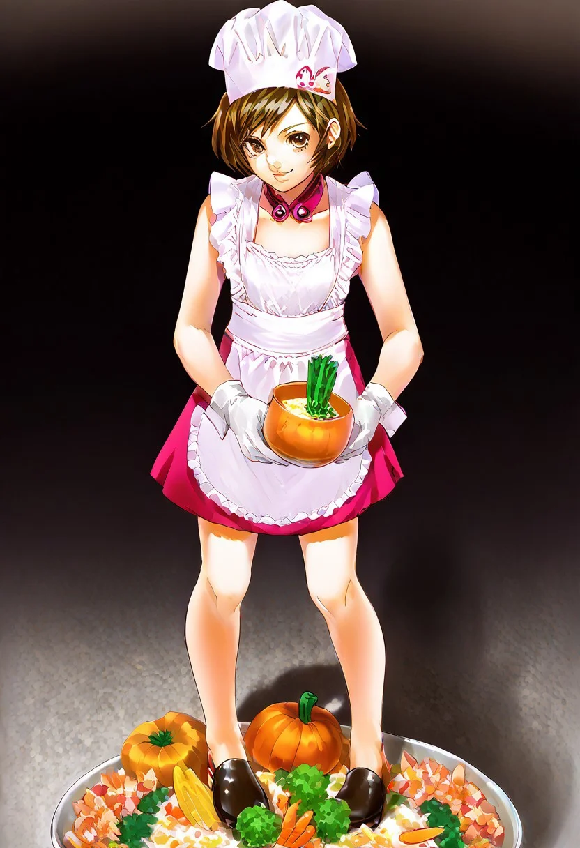 score_9, score_8_up, score_7_up, score_6_up, source_anime, indoors, kitchen,
1girl, solo, master chef MEIKO cooking in a well equipped kitchen a culinary masterpiece, vegetable, pumpkin, carrot, cucumber, zucchini, eggplant, bell pepper, onion, bags and pots of herbs and spices, fresh peppermint, shelves with dry ingredients, flowers nuts, dried fruit, fresh fruit, bottles of oils, olive oil,
<lora:diberkato:1>
<lora:Meiko_VOCALOID_Pony_XL:0.7> vocaloid meiko, midriff, crop top, skirt, short hair, brown hair, detached collar, brown eyes, brosn hair, gloves,
<lora:cooking_pot:0.8> cooking pot,
chef hat, holding, dish detail,
<lora:NakeApronXLPony:1> naked apron, frills, half updo, apron,
<lora:loraeyesxl:0.4>